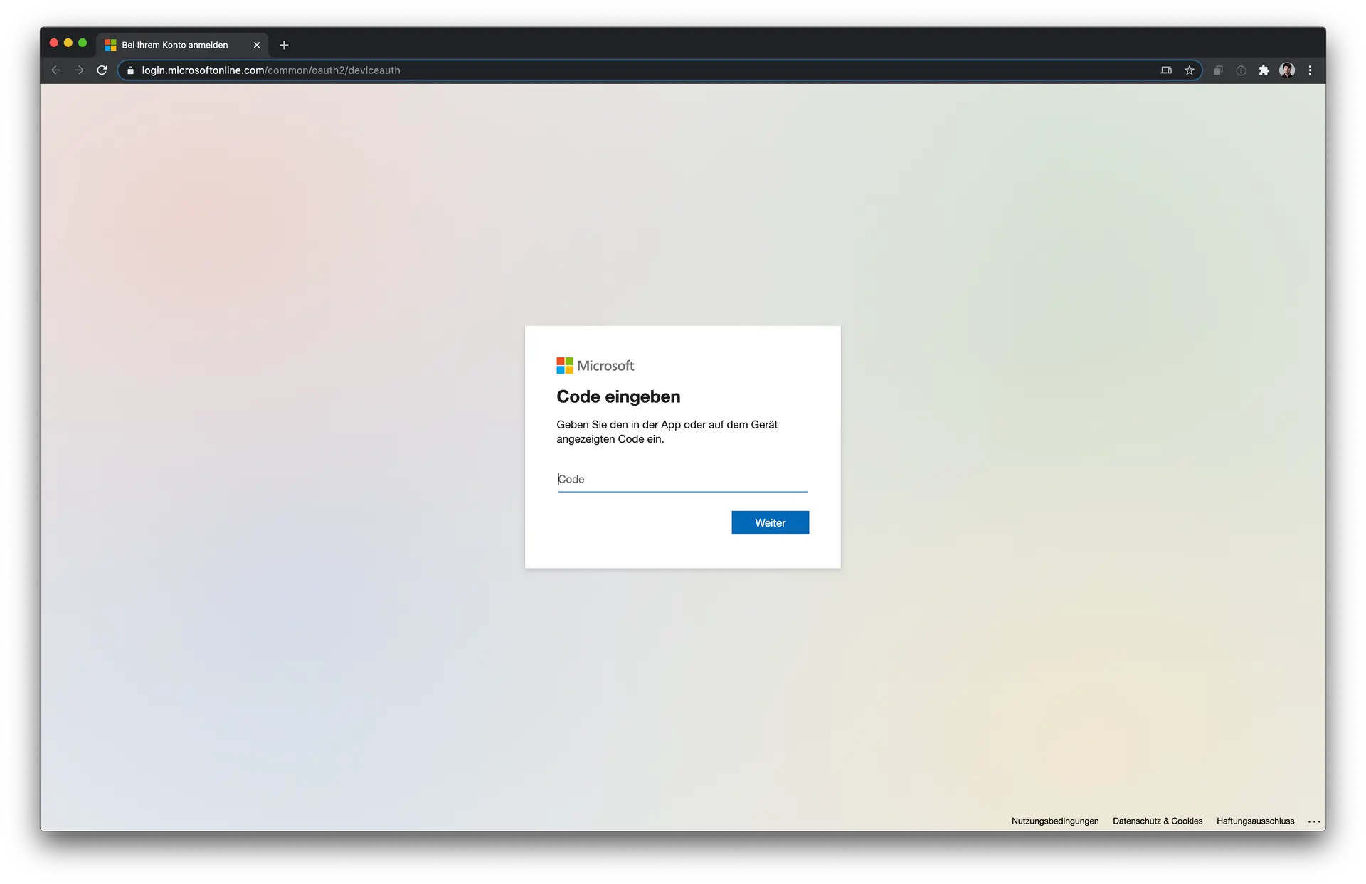 Microsoft Azure login page screeshot