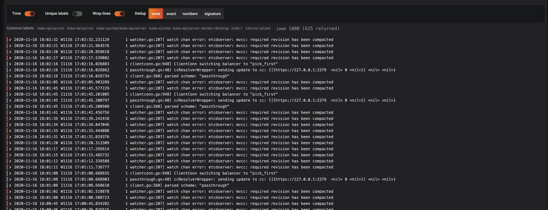 Grafana dashboard showing Loki container Logs