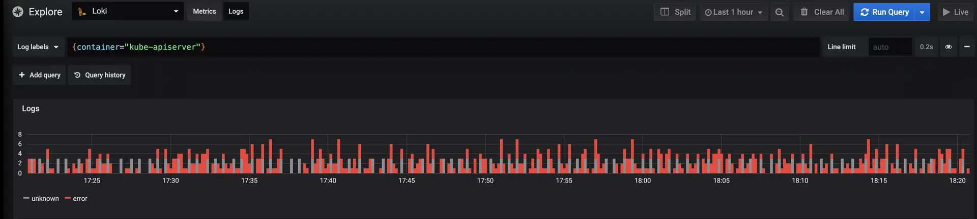 Grafana dashboard showing Loki Logs window