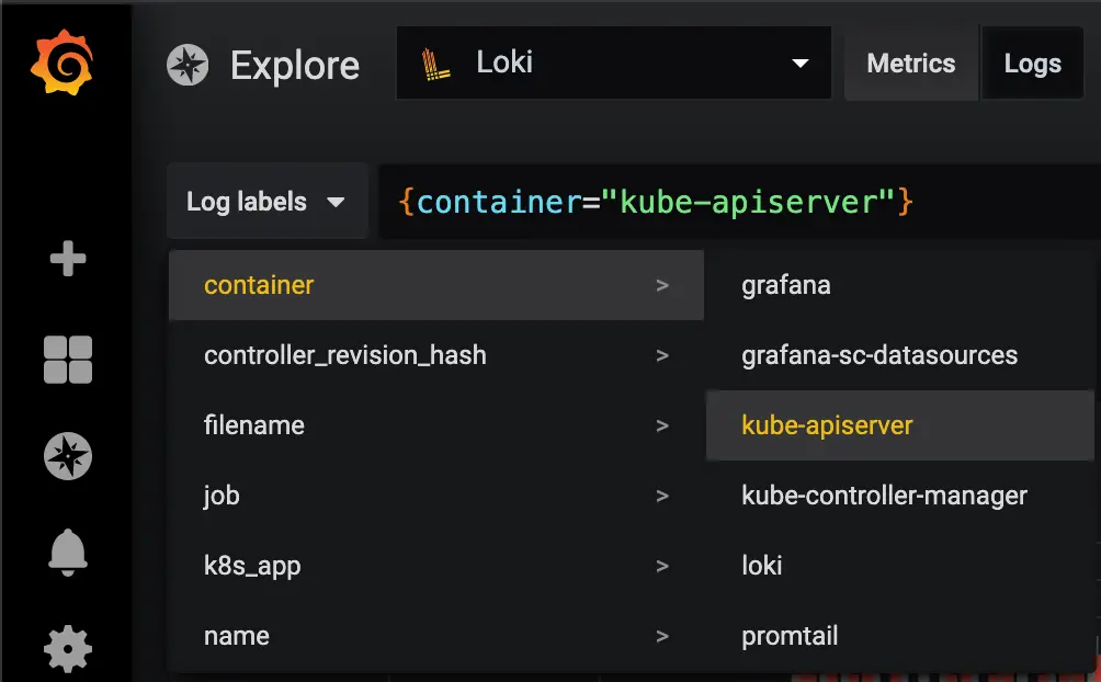 Grafana dashboard showing Loki menu with kube-apiserver