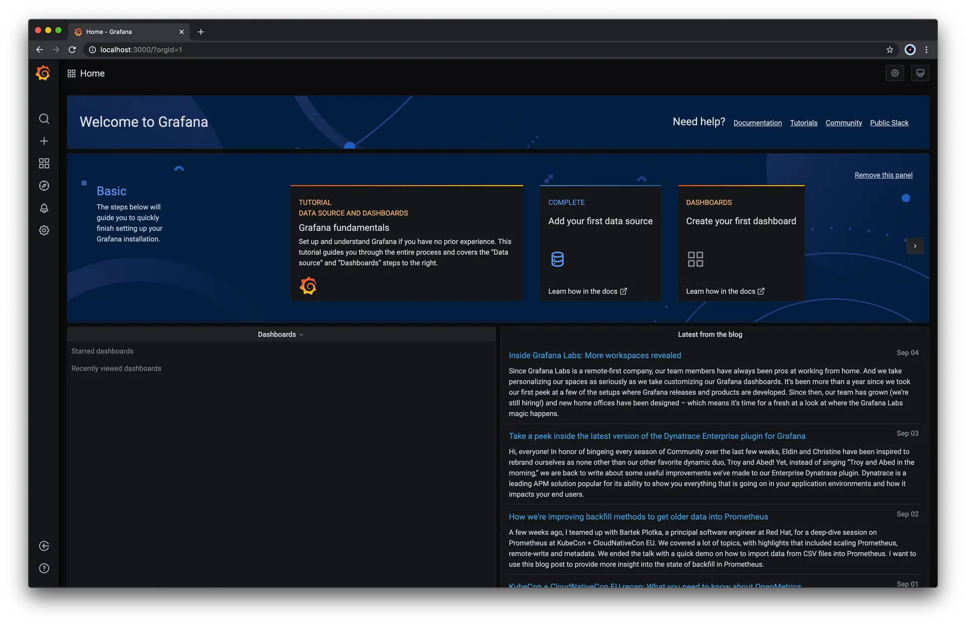 Grafana Web UI screenshot showing Home